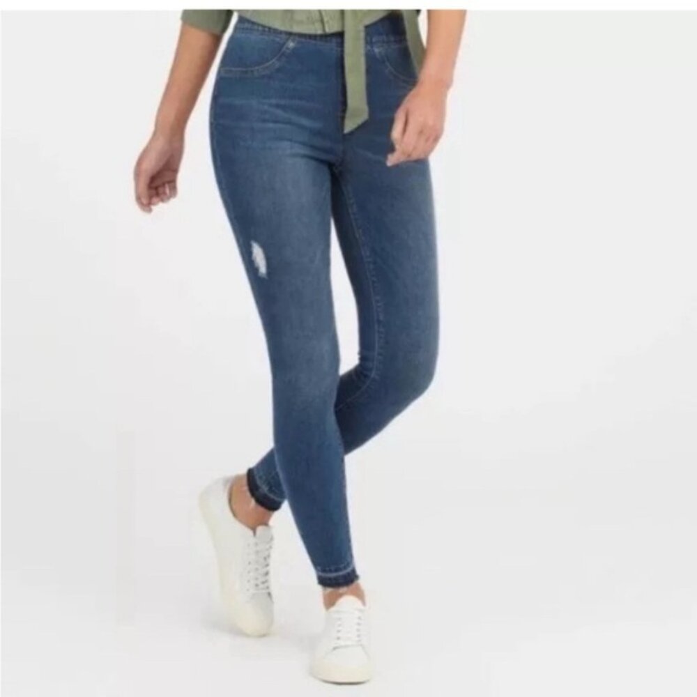 Spanx High Rise Distressed Drop Hem Skinny Jeans